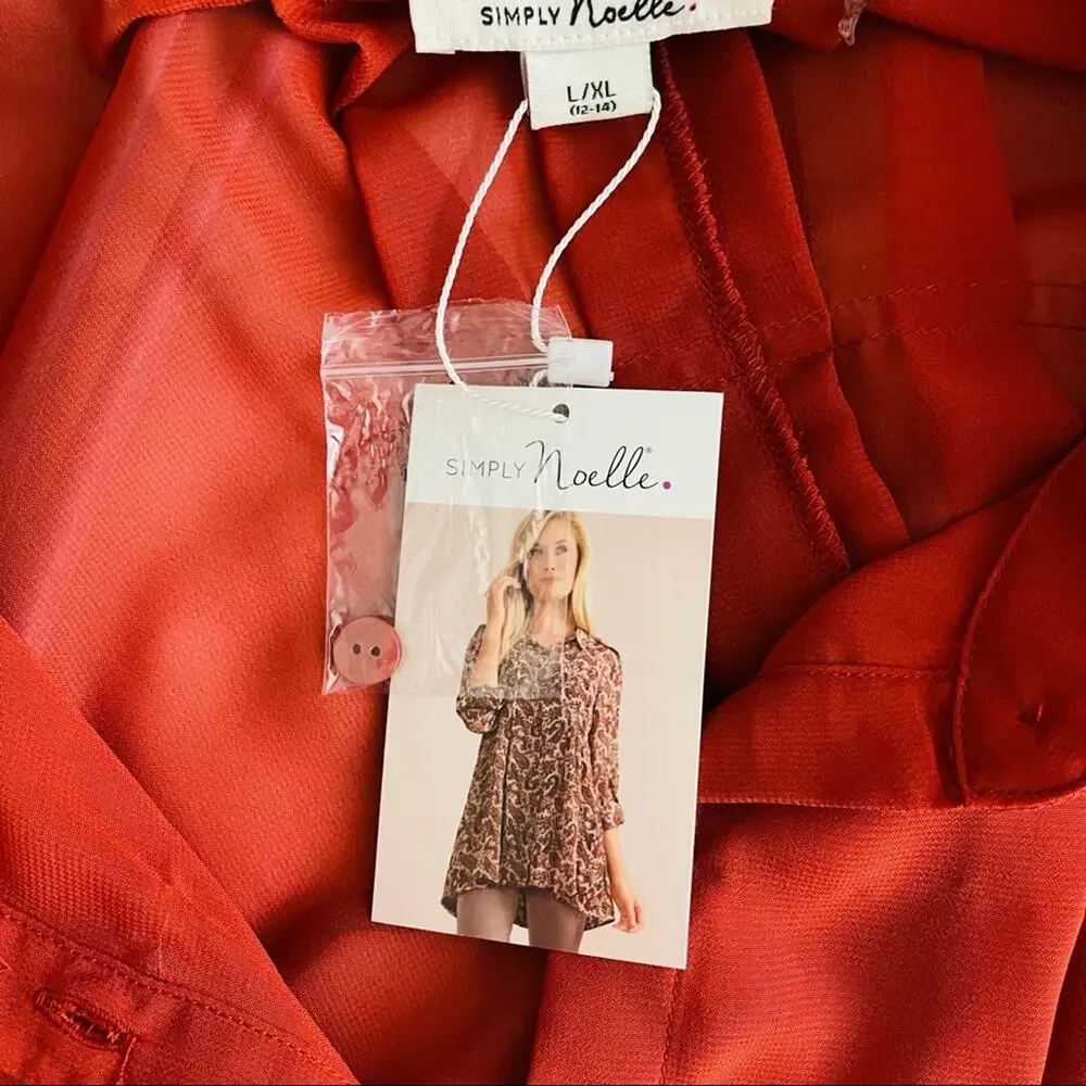 NEW Simply Noelle orange semi sheer chiffon button front pleat office top large - Picture 9 of 10